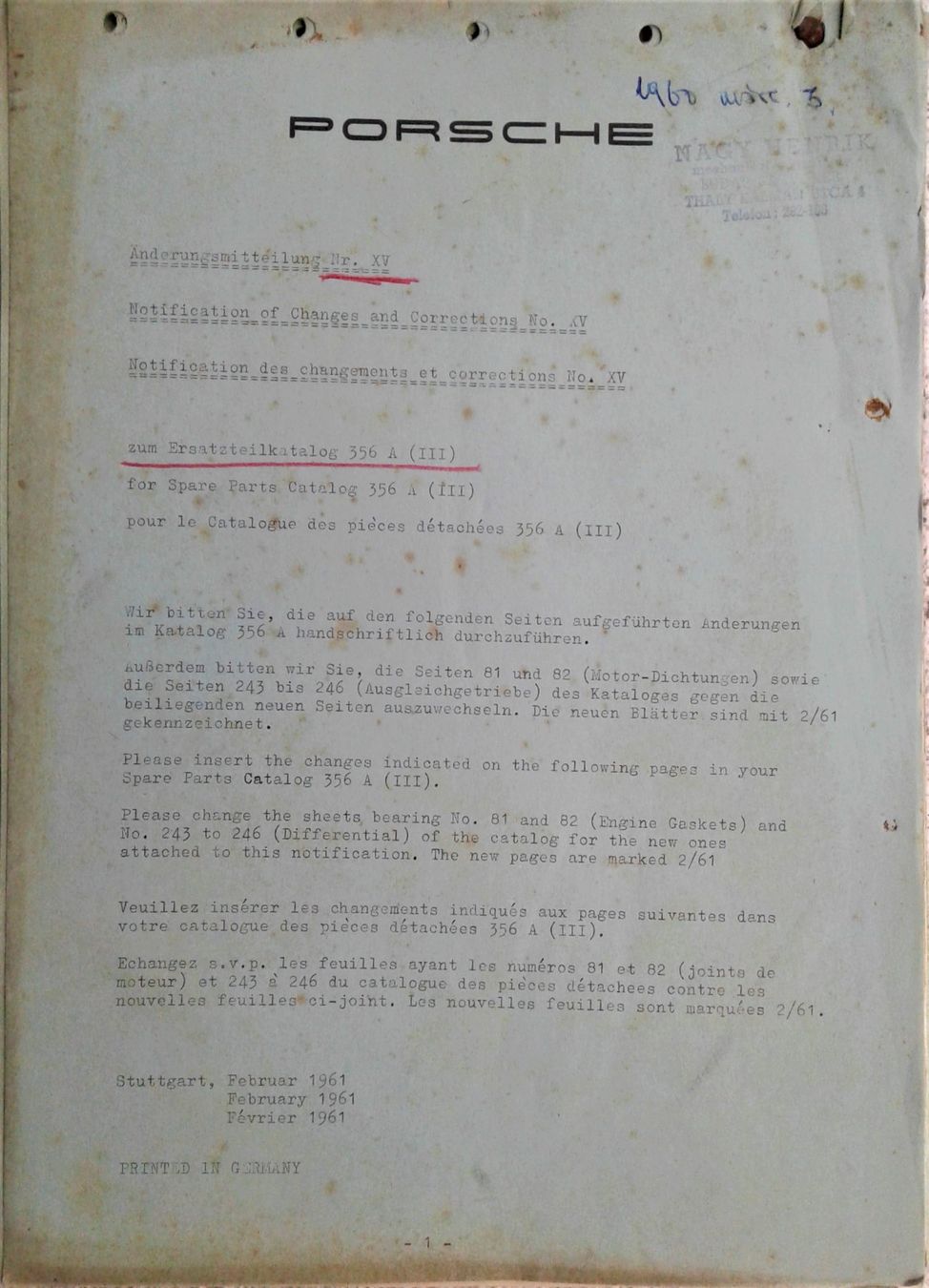 Porsche Documenti: Porsche 356 A - Änderungsmitteilungen / Notifications cat. – Usato da Lausanne venduto da LasloH 2