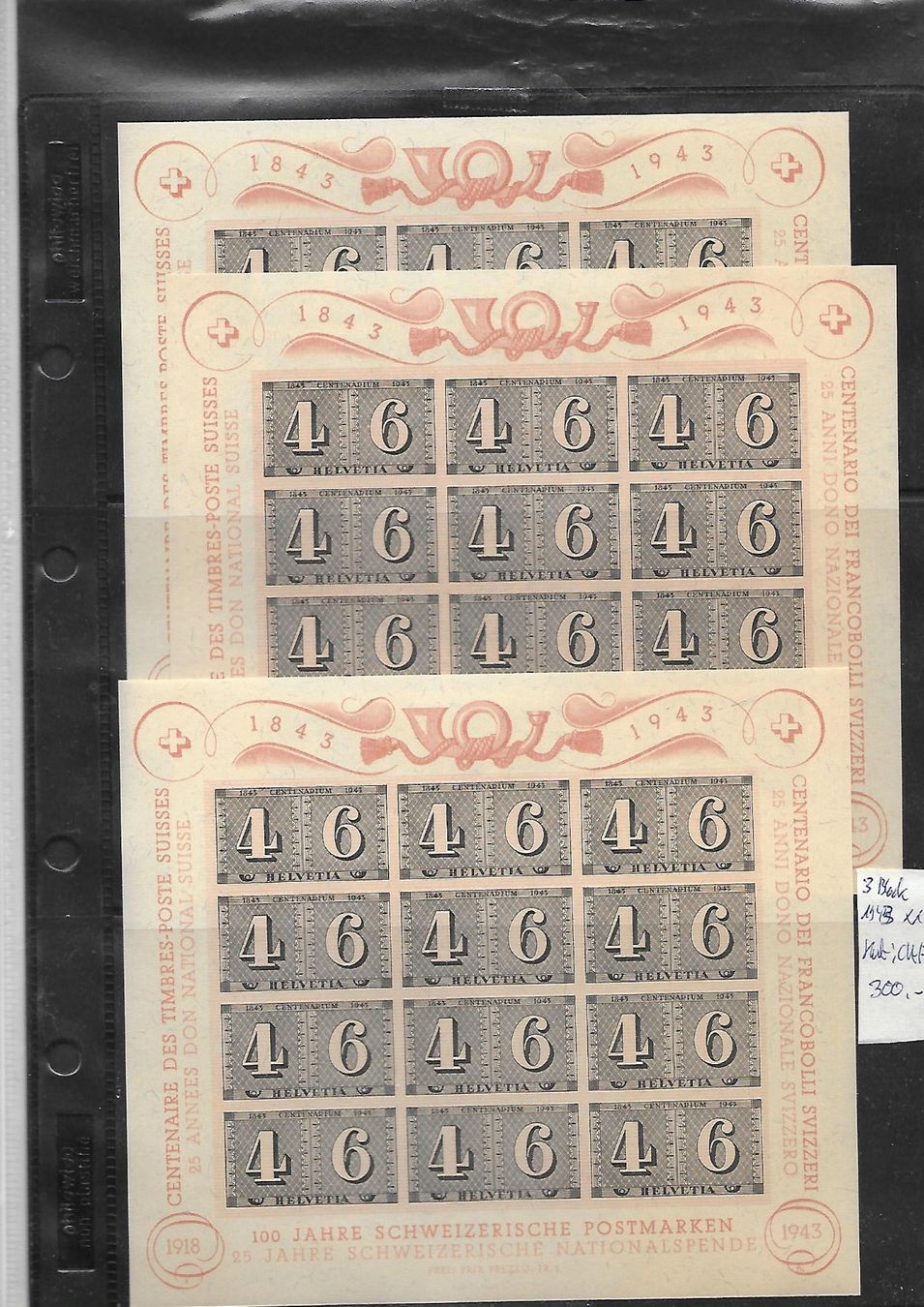 Tous les timbres: 3 Blocks 1943 ** Kat: CHF 300.- – Neuf (Voir description) à Basel par Ilp