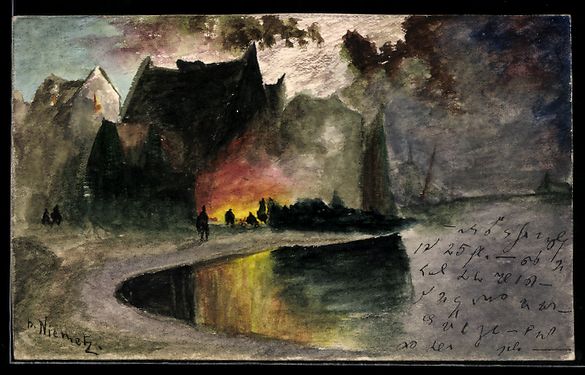 Cartoline postali: Handgemalt: Schrems, Grosses Feuer im Or – Usato da Berlin venduto da bartko-reher