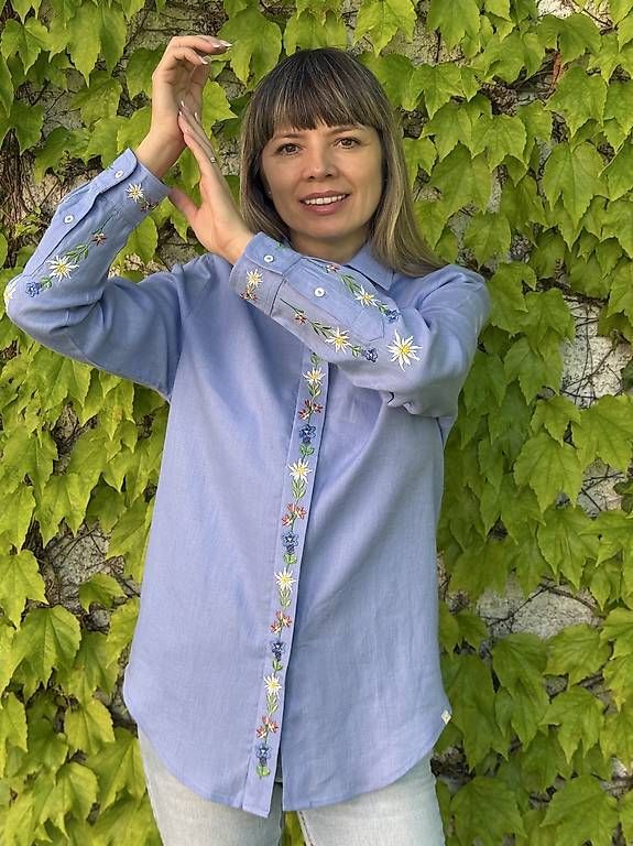 Camicette: Damen Leinenhemd Edelweiss Blau – Usato da Thalwil venduto da han_2b8c 1