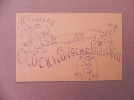 Karte Motiv Humor mit Schwein Sau 1900 Neujahr mit Zwerge