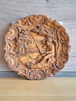 FISCHER Vintage Relief Wandteller Bild Holz Angeln Fischen