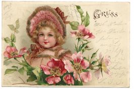 Gruss - Mädchen - Hut - Blumen-Girlande - Litho - 1900