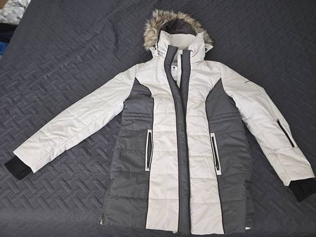 Damen Skijacke mit Kunstfellkapuze beige/grau