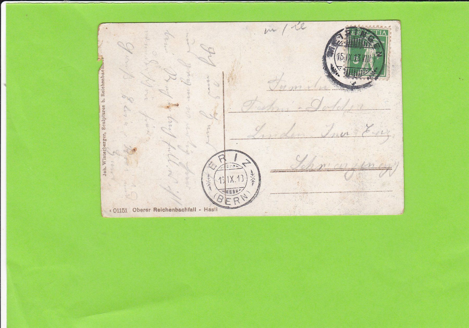 Cartoline postali: Oberer Reichenbachfall. Hasli. Bahn-Stempel ERIZ (BERN) – Usato da St. Peterzell venduto da neckertal 1