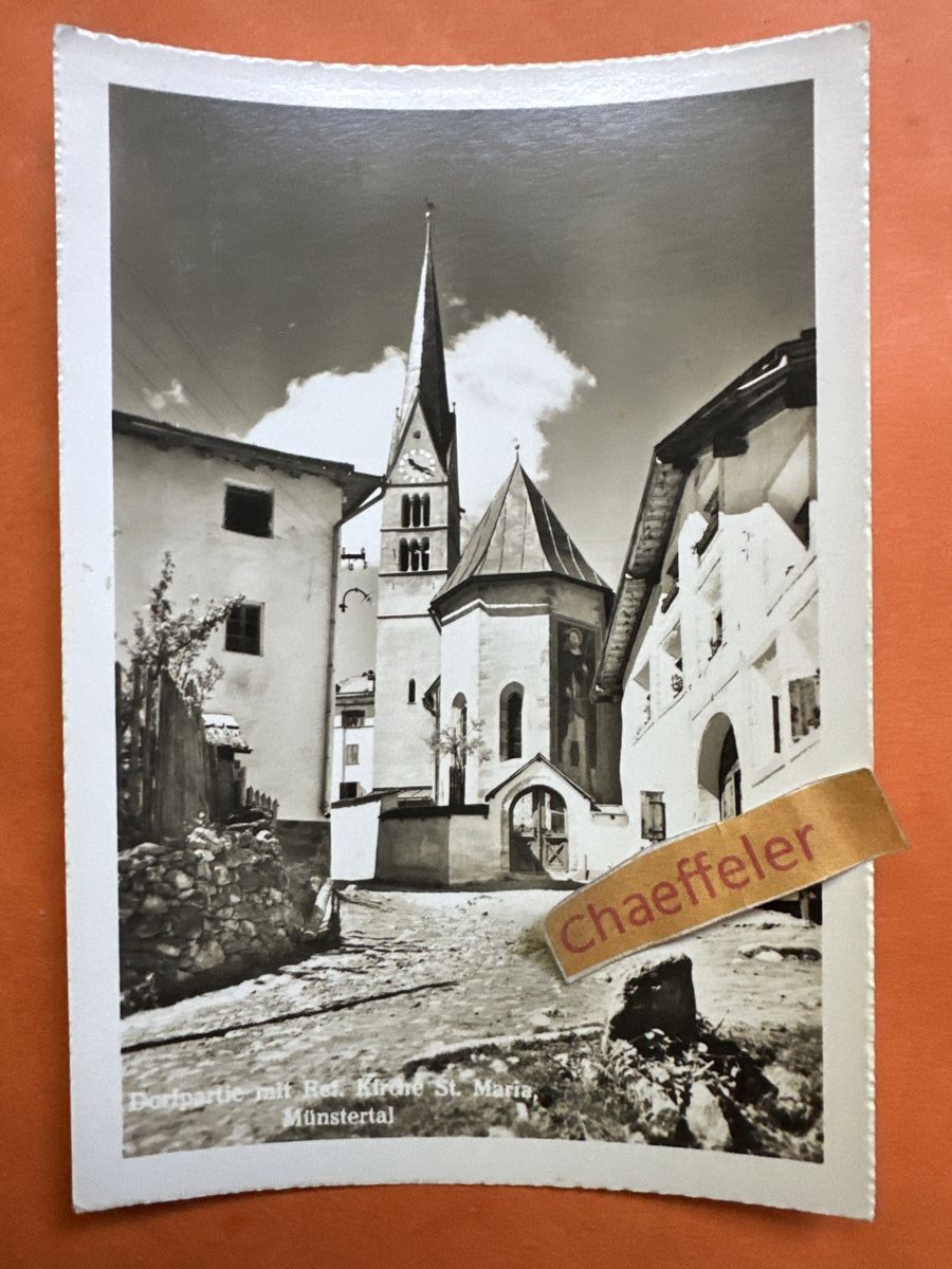 Cartoline postali: Dorfpartie mit Ref. Kirche St. Maria, Mündtertal – Usato da Zürich venduto da Chaeffeler