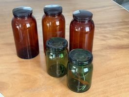 3 Apothekergläser braun 2 L / 2 Bülacher Gläser 1 L alt anti