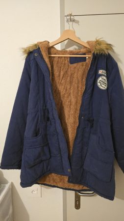Parka bleu marine style army à écussons, taille M, doublure 