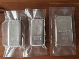 Silberbarren 3 x 1 kg, 2x UBS und 1x Valcambi
