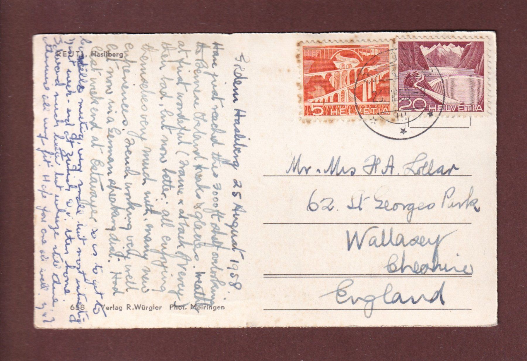 Cartoline postali: REUTI - Hasliberg - 1958 – Usato da Pully venduto da nicecards 1