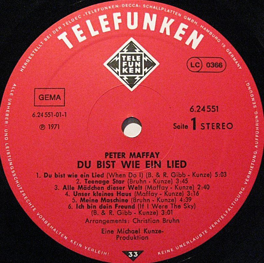 Dischi in vinile: PETER MAFFAY "Du Bist Wie Ein Lied"           LP IN VG++/EX – Usato da Monthey venduto da Pingmub 3