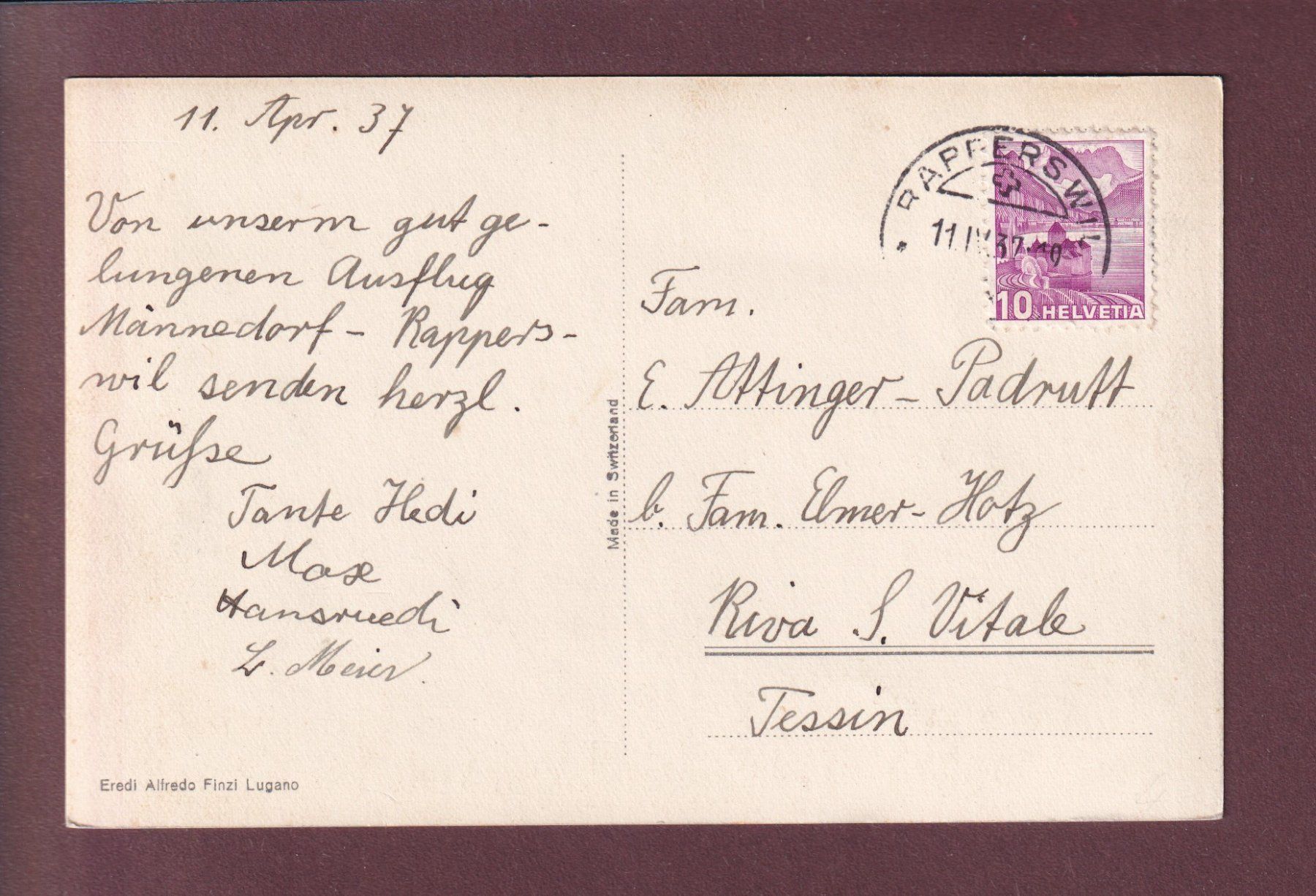 Cartoline postali: RAPPERSWIL - Hirschpark - Schloss - 1937 – Usato da Pully venduto da nicecards 1