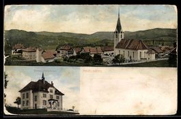 AK Mogelsberg, Ortsansicht mit Kirche, Evangelisches Schulha