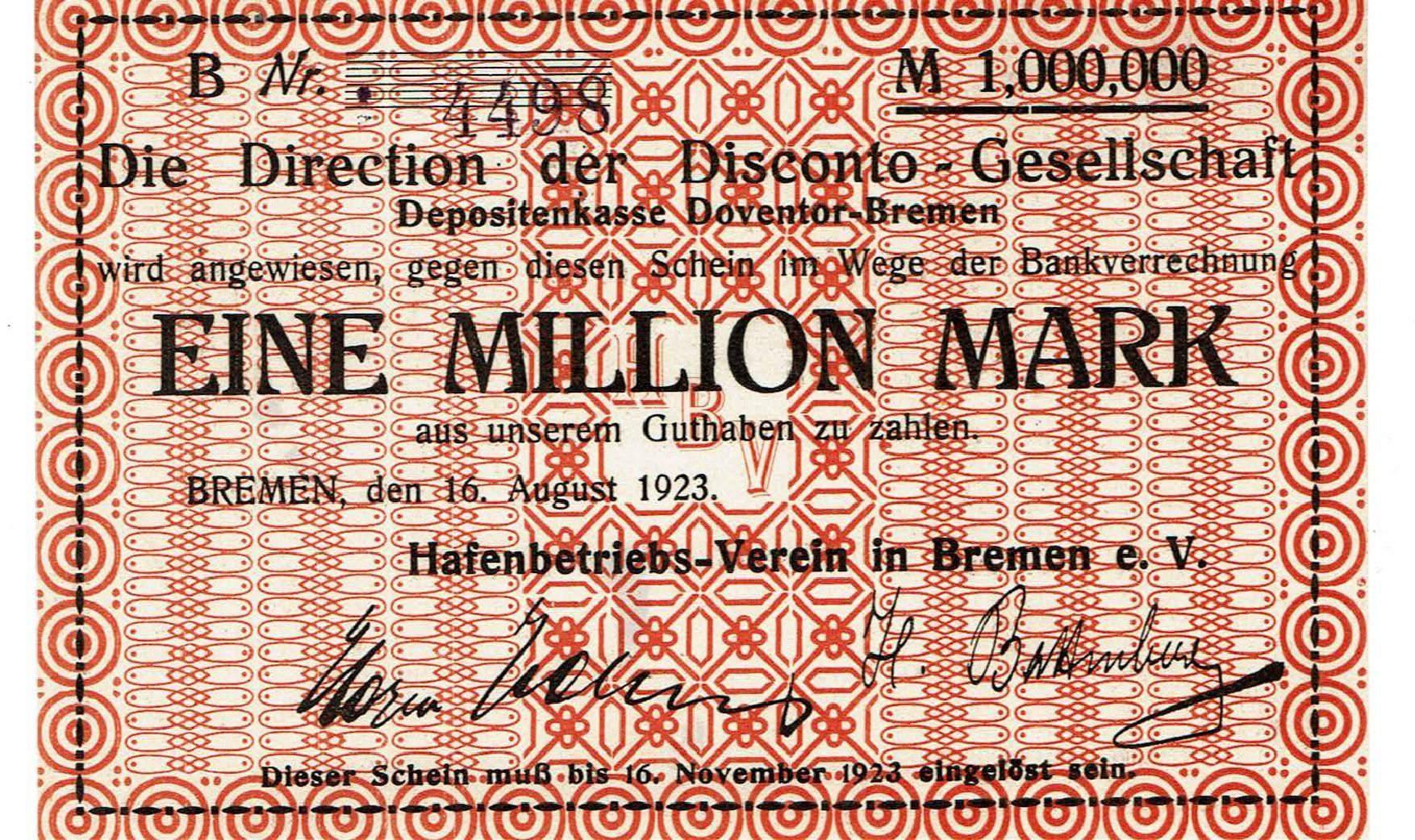 Banknoten: Bremen 1 Mil.Mark Reihe B 16.08.1923 VZ+-VZ++ – Gebraucht aus Steffisburg von ber_8htf