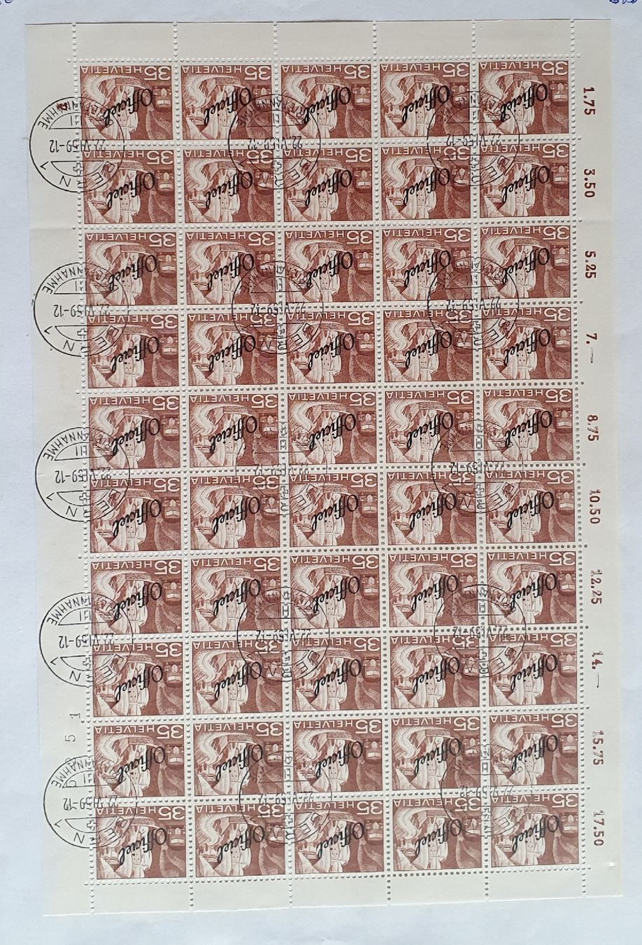 Tutti i francobolli: 3 Bogen - 1950 Technik + Landschaft "Officiel"  Kat. 3400.++ – Usato da Kreuzlingen venduto da Rschweiz1 3