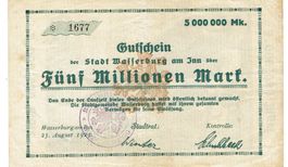 Wasserburg 5 Mil.Mark+Stempel 23.08.1923 SS++-VZ