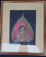 Damenporträt auf Peepal Blatt Indien Hand Malerei 25X30 cm