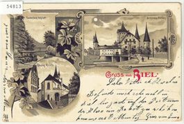 Gruss aus Biel - Evang. Kirche, Taubenloch, Schloss - Litho