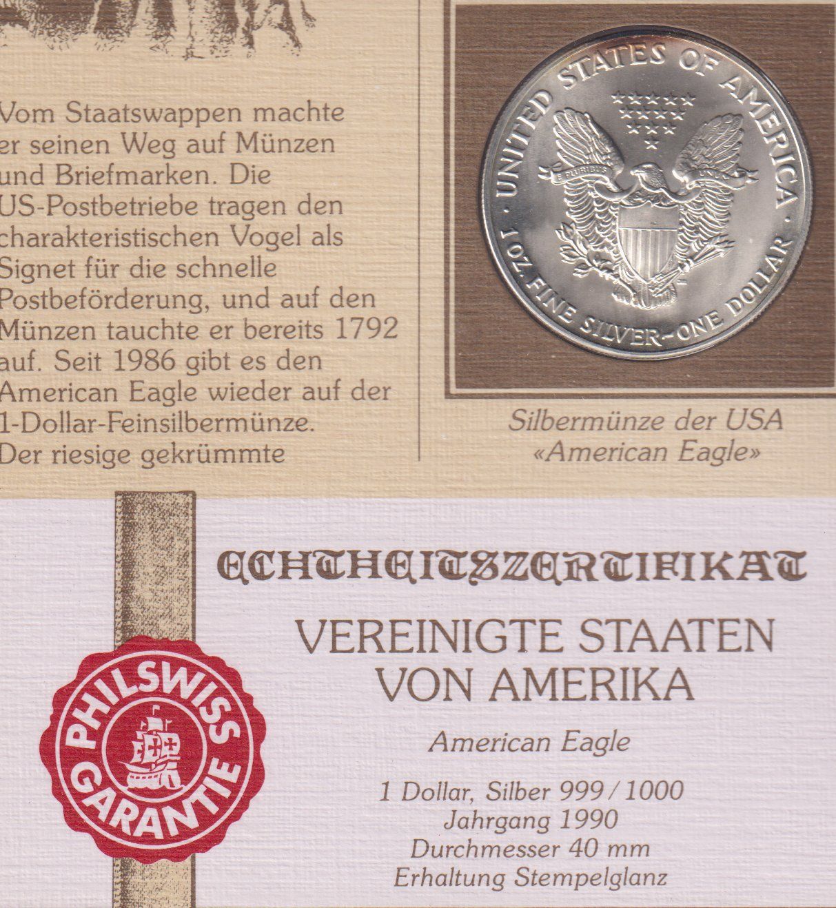 Alle Münzen: USA Silberdollar Eagle1990 'Entdecken Sie Amerika' – Gebraucht aus Eschlikon TG von PhilCon 1