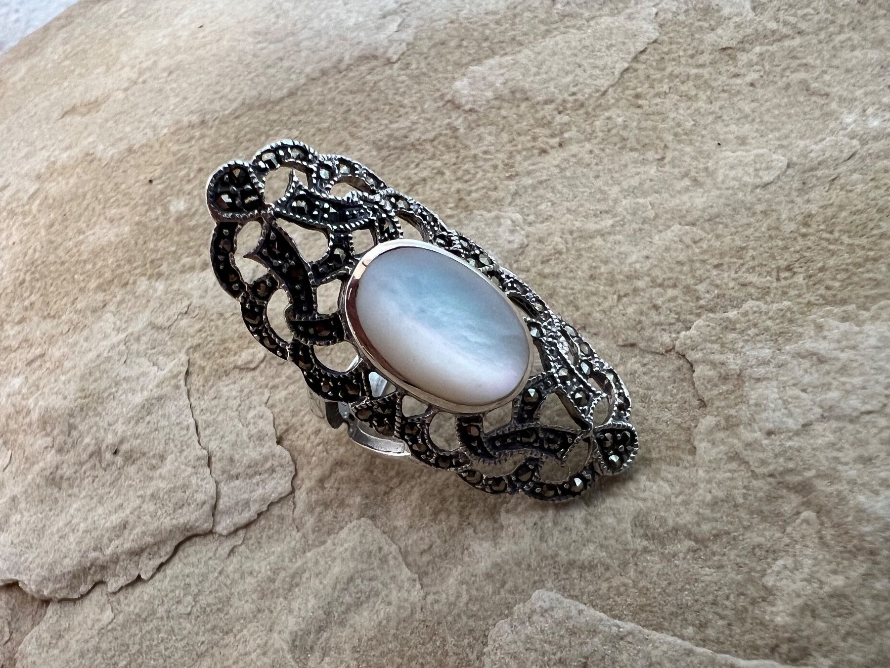 Anelli: Ring Art Deco Stil 925 Silber Markasiten und Perlmutter 57 – Nuovo (secondo la descrizione) da Bern venduto da Jiffy 6