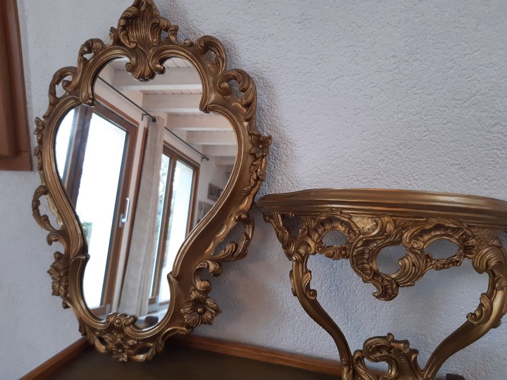 Miroir Mural Antique Baroque Avec étagère Console - Or Et Noir - Dimensions 56x46 Cm - Neuf