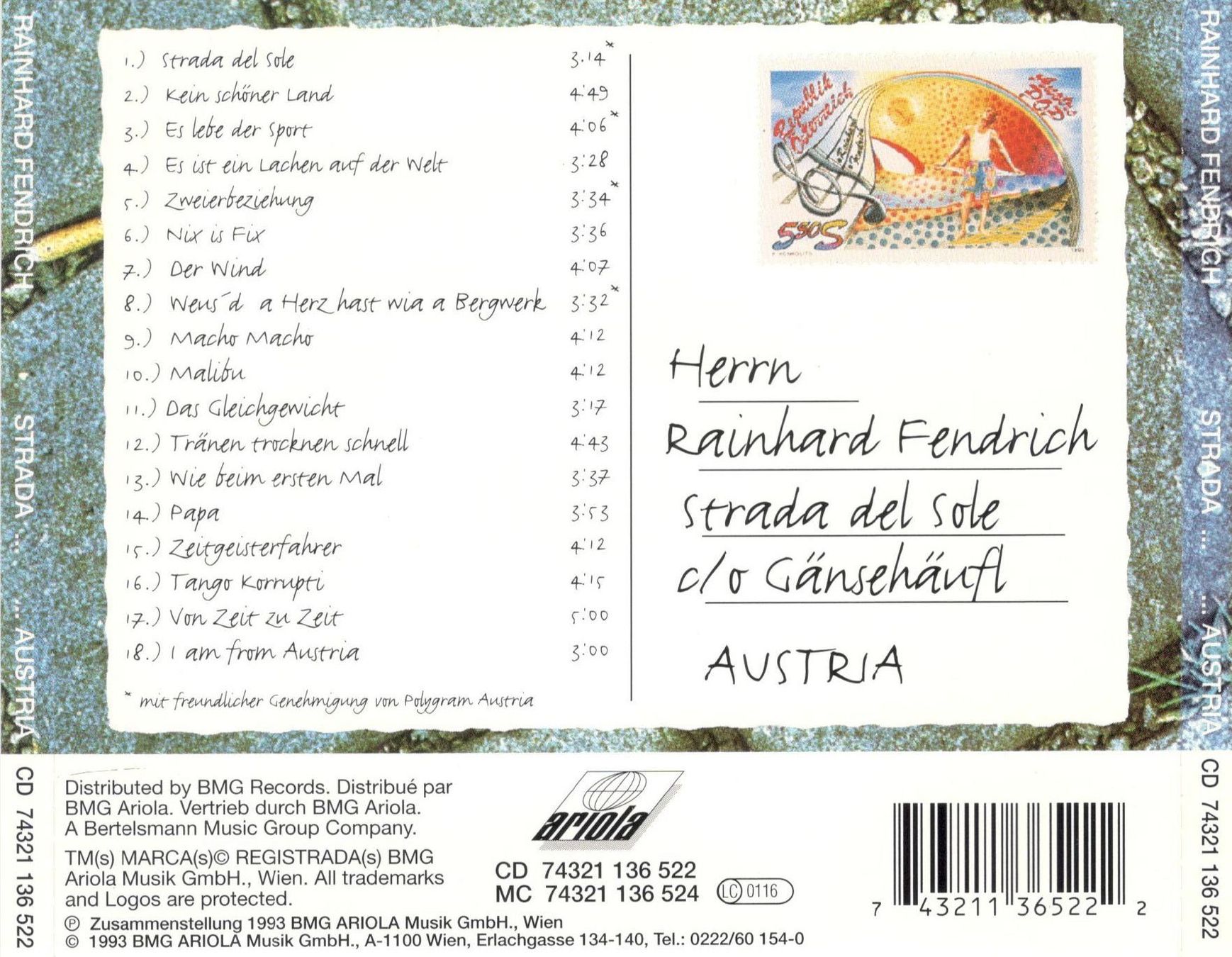 CD: CD Rainhard Fendrich CD  Strada... ...Austria – Usato da St. Margarethen TG venduto da ursk10 1