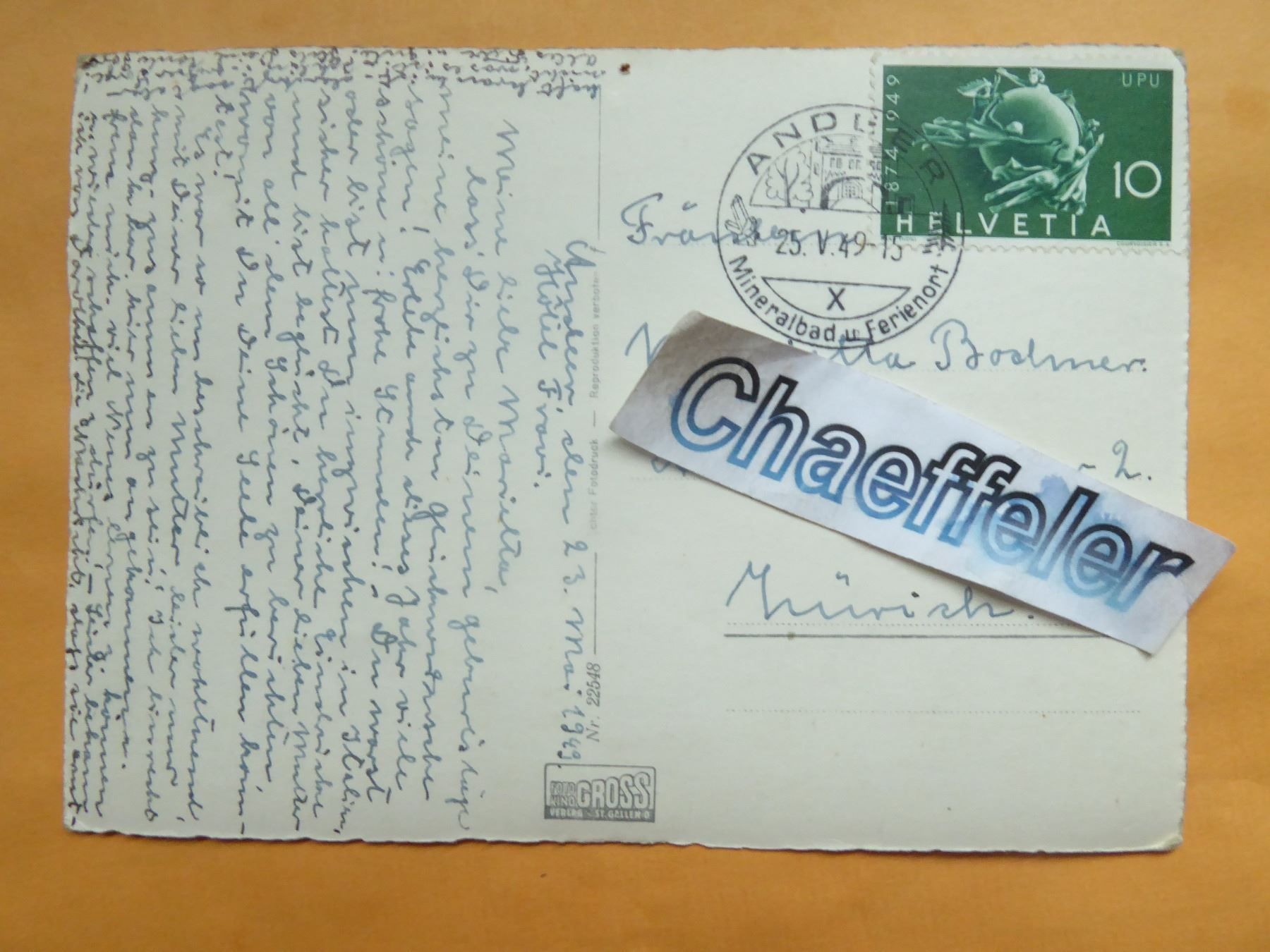 Ansichtskarten: 1949 Andeer Grbd. – Defekt aus Zürich von Chaeffeler 1