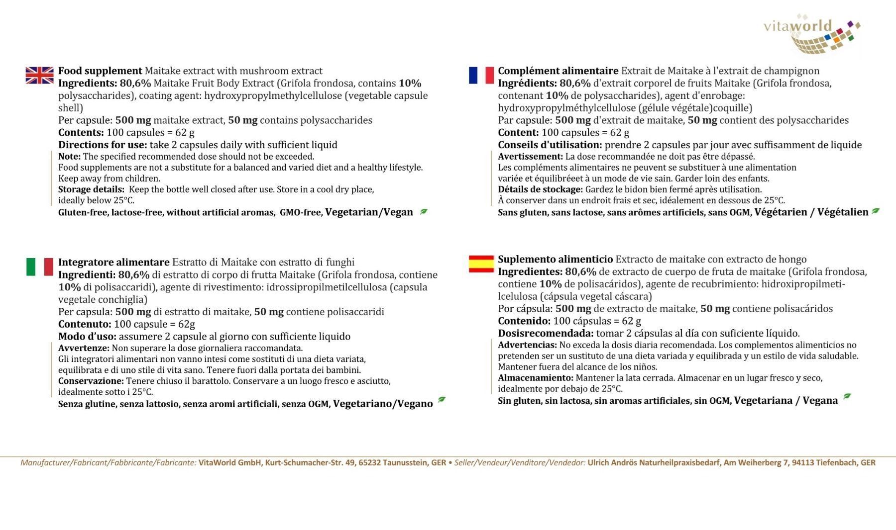 Alimentazione, Vitamine & Minerali: Maitake Extrakt 500mg 100 Vegi Kapseln – Nuovo e nell'imballaggio originale da Tiefenbach venduto da nhp-bedarf 2