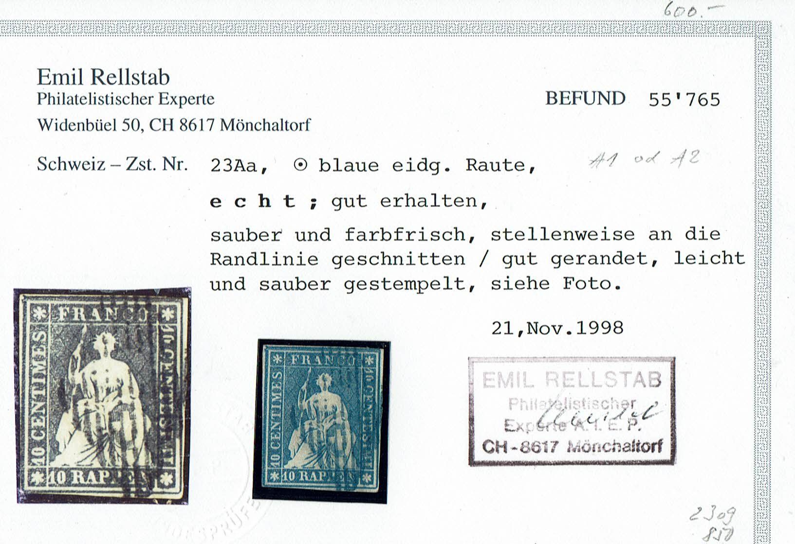 Tutti i francobolli: STRUBEL <526> 10RP  23A2 BLAUE EIDG. RAUTE BEFUND – Usato da Rüschlikon venduto da Sualk1