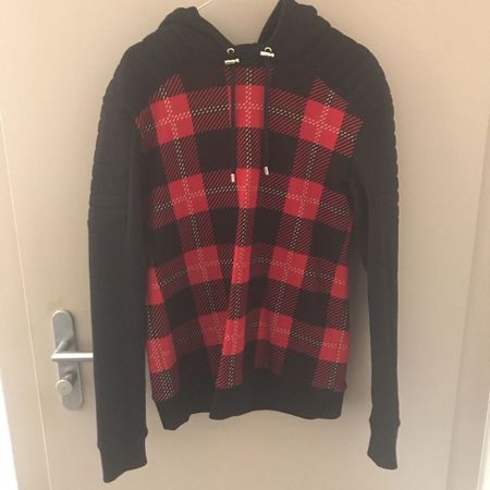 Balmain Black Tartan Biker Hoodie Grösse M