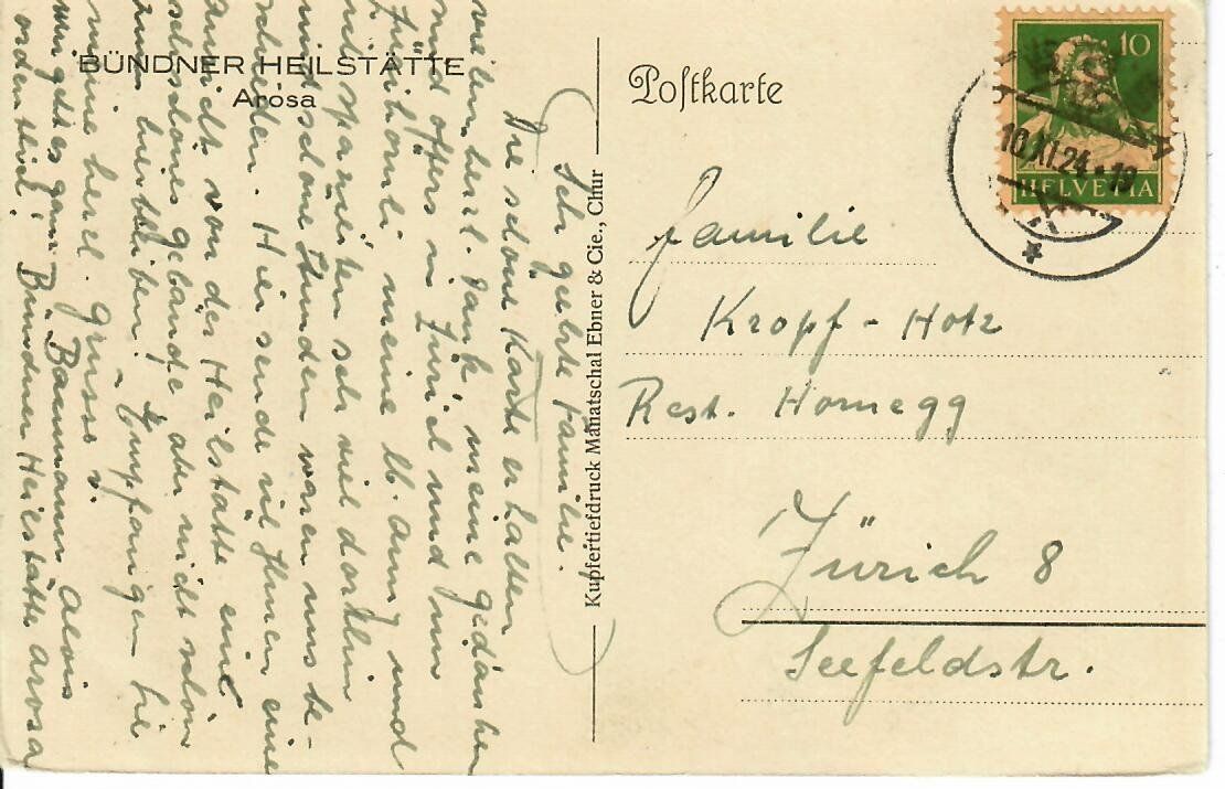 Cartoline postali: Bündner Heilstätte Arosa 1924 – Usato da Hochdorf venduto da Ziegel-16 1