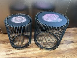 Beistelltische Metall Set 2 Blumenmuster dunkelgrau-schwarz
