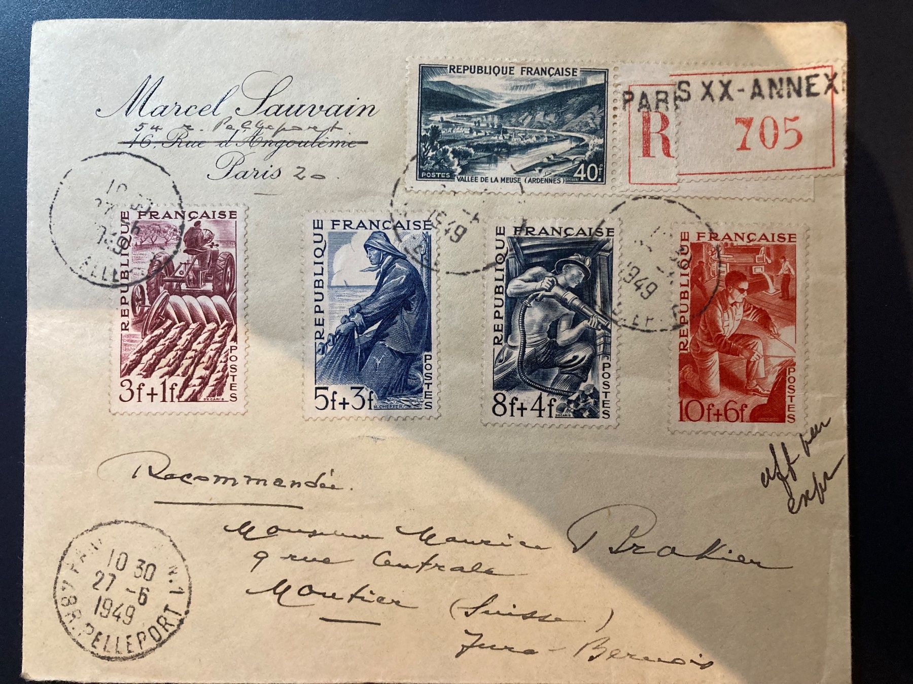 Tutti i francobolli: Recommandé - Paris 1949 - Moutier – Usato da Orvin venduto da Pyaeschli