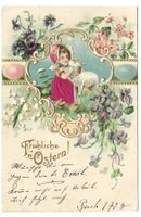 Fröhliche Ostern - Samt-Applikation - Kind Lamm -Präge-Litho