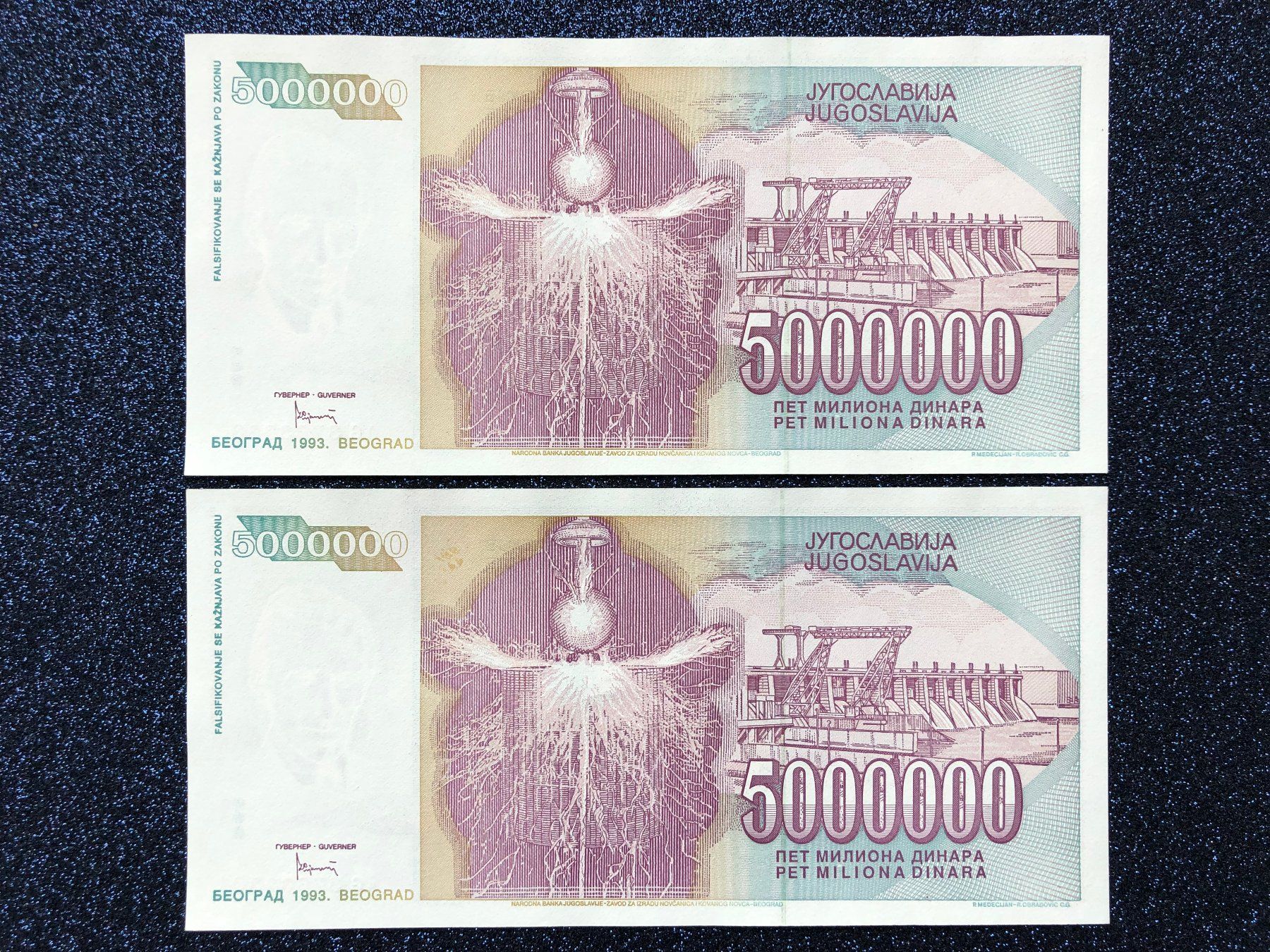 Banconote: ***UNC 2 x 5000000 Dinara - Belgrad 1993 - Tesla – Nuovo e nell'imballaggio originale da Pfäffikon SZ venduto da Sieben77 2