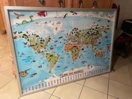 Kinder Weltkarte mit Tieren inkl. Rahmen 100x140x2cm