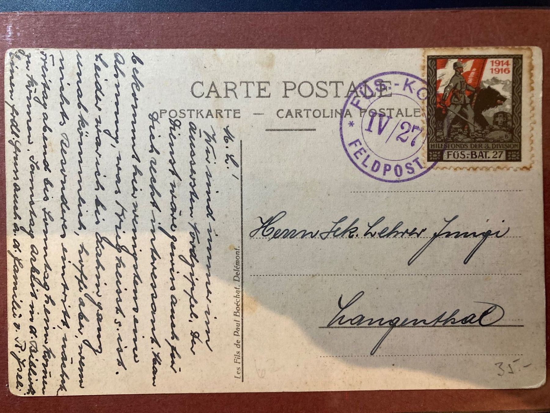 Cartoline postali: Bonfol (Vue général) 1918 – Usato da Orvin venduto da Pyaeschli 1