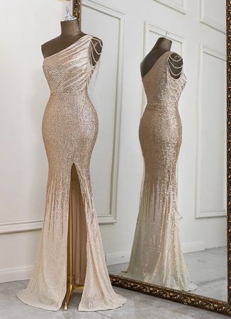 Abendkleid Pailletten ein Schulter lang Grösse S neu