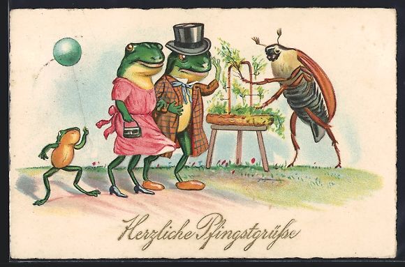 Cartoline postali: Froschpaar in Ausgehkleidung wird von ei – Usato da Berlin venduto da bartko-reher