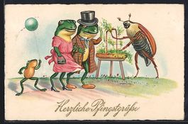 Froschpaar in Ausgehkleidung wird von ei