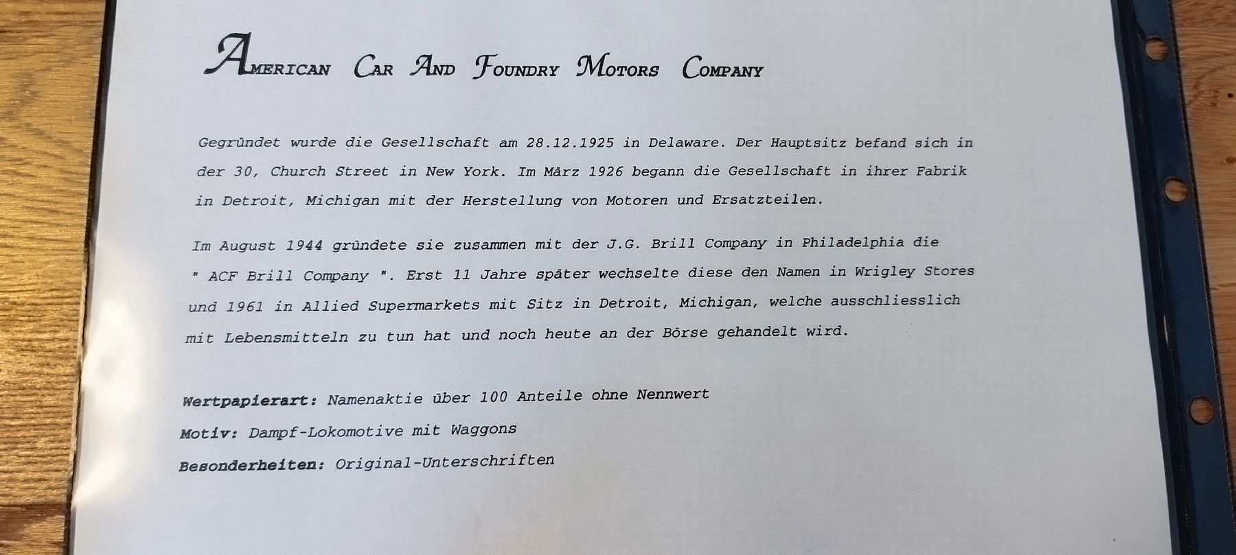 Dokumente: Historische Aktie: American Car & Foundry Company 1928 – Gebraucht aus Flawil von twin622 1