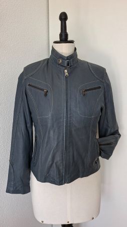 Damen Lederjacke blau/grau mit Stehkragen guter Zustand