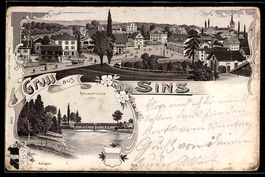 Lithographie Sins, Reussbrücke, Ortsansicht mit Parkanlage
