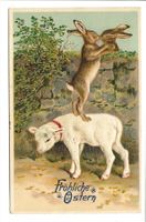 Fröhliche Ostern  Lamm hilft Hasen zum Flirten  Präge-Litho