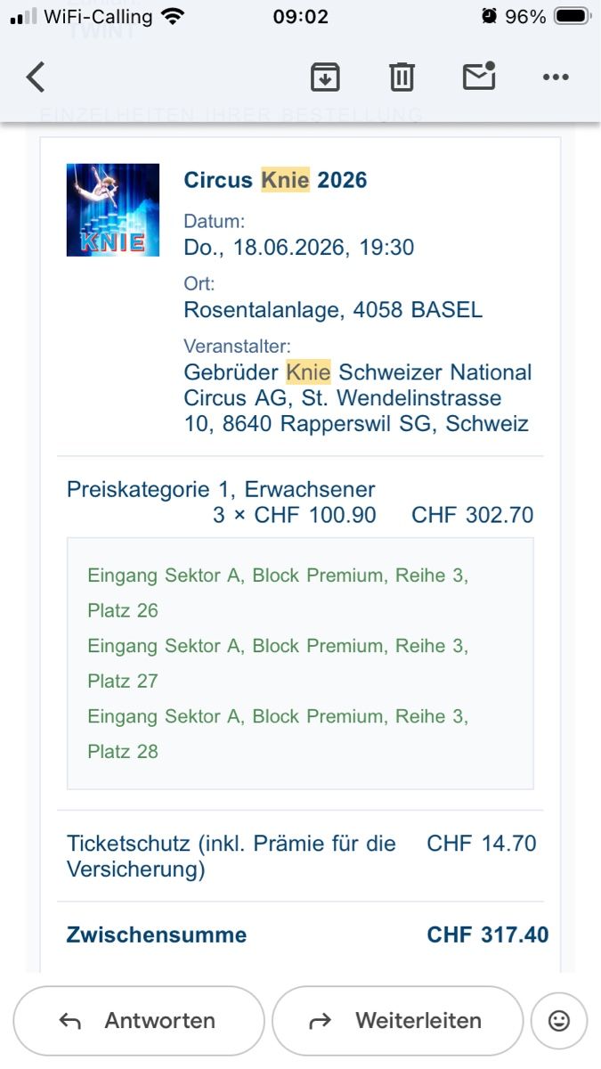 Biglietti: Tickets Zirkus Knie Basel – Nuovo e nell'imballaggio originale da Reinach BL venduto da vog_m7dl
