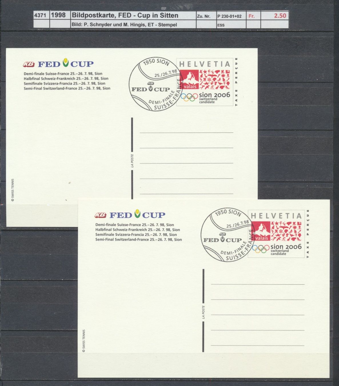 Tous les timbres: 1998 Bildpostkarten, "FED - Cup in Sitten", ET - Stempel – D'occasion à Winterthur par Zupogeru