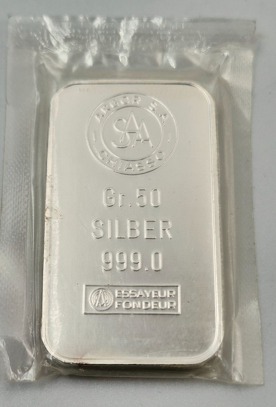 Metalli preziosi: Silberbarren 50g Argor S.A originalverpackt  eingeschweisst – Usato da Clarens venduto da Rimany