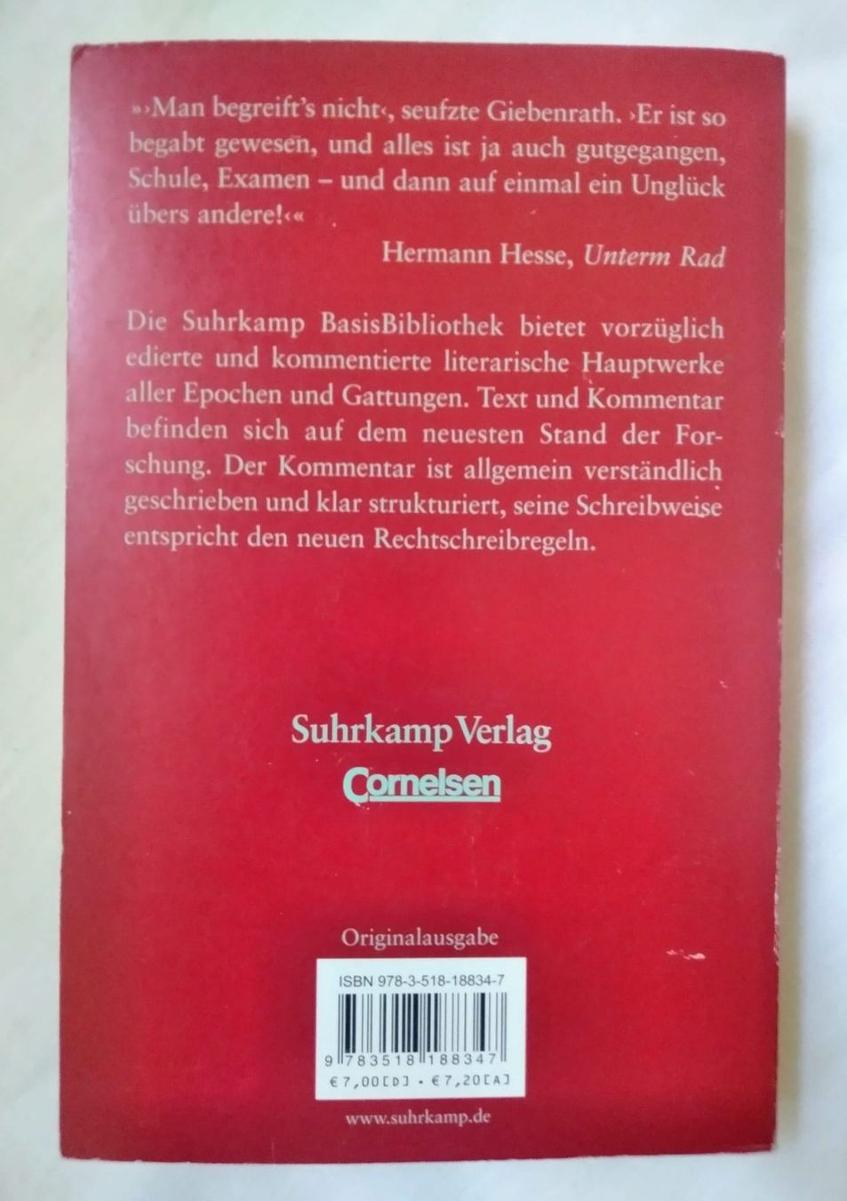 Libri: Hermann Hesse : Unterm Rad - Suhrkamp BasisBibliothek – Usato da Zürich venduto da Flitzi2005 1