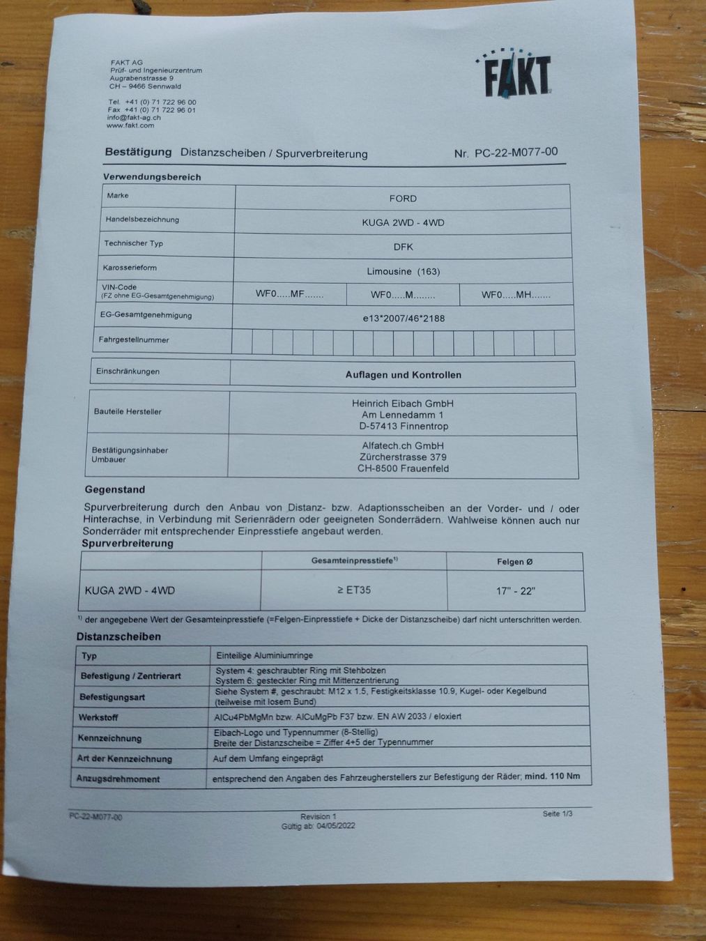 Ford Tutti pezzi di ricambio auto: Ford Kuga Distanzscheiben 9mm – Usato da Untersiggenthal venduto da crxvtec 1