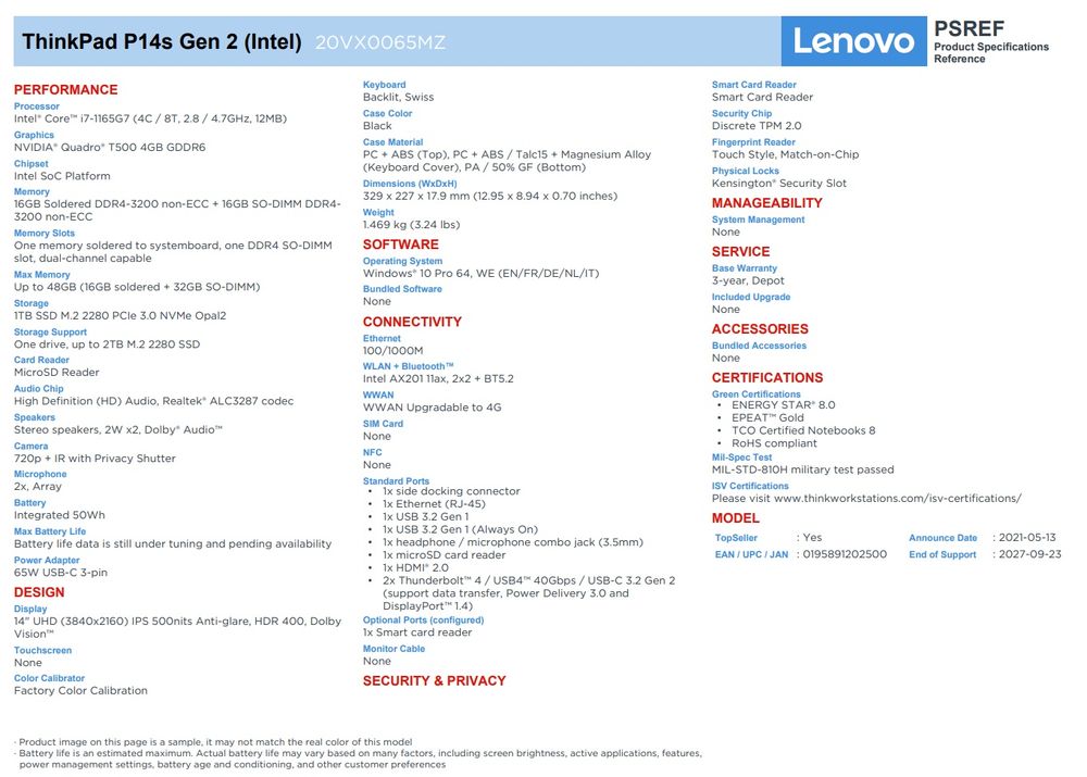 Lenovo ThinkPad P14s Gen 2 - CPU i7@2.8GHz, 32 GB DDR4 RAM 5